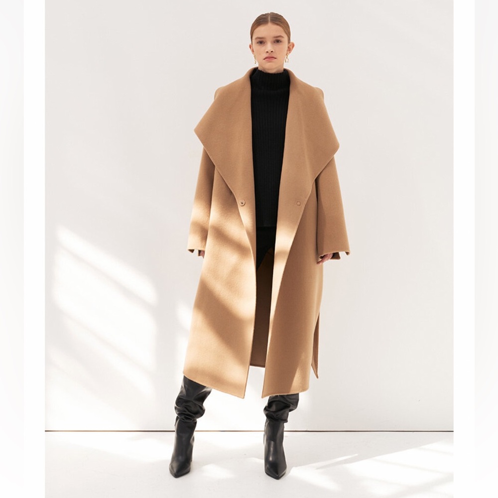 New Mohan W Concept Wool Camel Drape Wrap Coat with belt